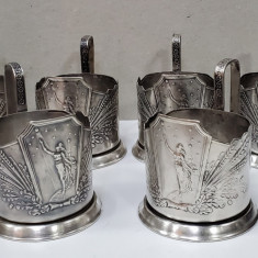 SET DE 6 SUPORTURI PENTRU PAHARE , CU MANER , STIL ART - NOUVEAU , METAL ARGINTAT , RUSIA , ANII ' 60- '70