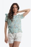 Bluza din vascoza cu imprimeu floral, maneci scurte si volanas, 34, 36, 38, 40, 42, 44, Bleu, Onibon