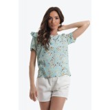 Bluza din vascoza cu imprimeu floral, maneci scurte si volanas
