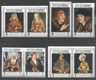 Qu&amp;acute;aiti State Hadhramaut 1967 Paintings Cranach imperf. Mi.147B-154B MNH U.088 foto