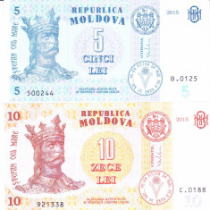 Bancnota Moldova 5 si 10 Lei 2015 - PB22/22 UNC ( set x2 )