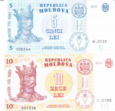 Bancnota Moldova 5 si 10 Lei 2015 - PB22/22 UNC ( set x2 ) foto