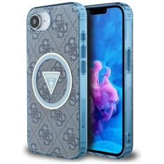 Husa iPhone 16e originala Guess IML Metal Glitter 4G Circle Triangle MagSafe, albastru, GUHMPSE4HG4PRTGB foto