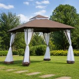 Cumpara ieftin Pavilion Gradina/Terasa ART 2.95x2.95m, Cadru Metalic, Plasa Insecte, Maro/Alb, Foisor Patrat, Poliester