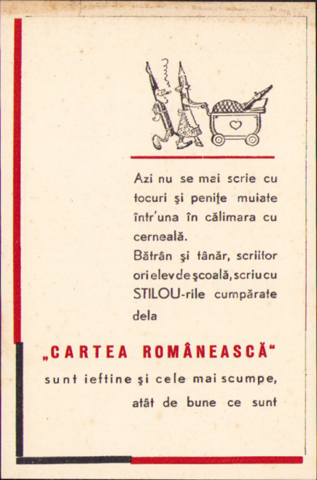 HST A1931 Reclamă interbelică stilouri v&acirc;ndute de Editura Cartea Rom&acirc;nească