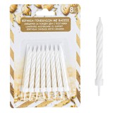 Set 8 lumanari pentru tort, alb cu glitter auriu