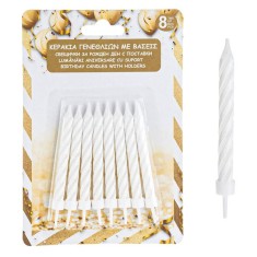 Set 8 lumanari pentru tort, alb cu glitter auriu