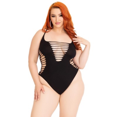Leg Avenue Shredded Thong Bodysuit Black Plus Size foto