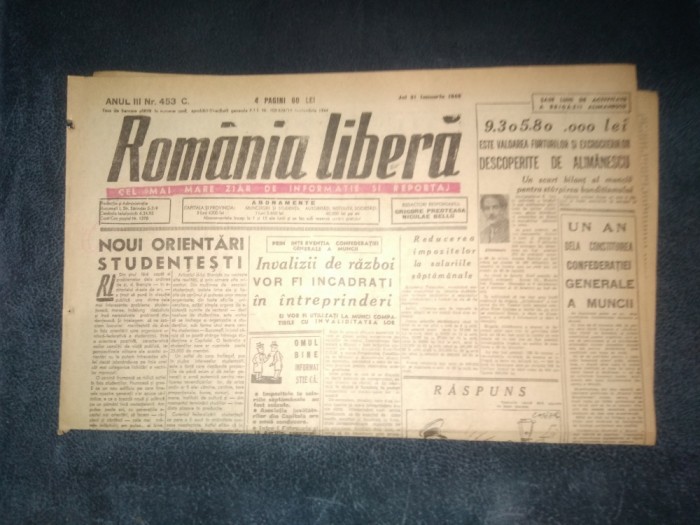 ZIAR ROMANIA LIBERA 31 IANUARIE 1946