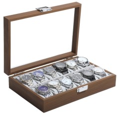 Caseta eleganta din lemn pentru depozitare si organizare 12 ceasuri, model Pufo Gentleman, maro foto