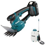 Makita DUM111SYX + DUS158Z - Masina de tuns gard viu cu 1 acumulator Li-Ion 18 V 1.5 Ah 20 cm + Pulverizator 5 bar 15 l
