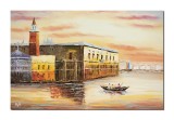 Tablou pictat manual, Apus de soare cu gondola la Venetia, 90x60cm ulei pe panza efect 3D