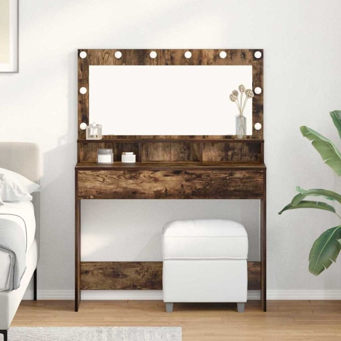 Masă de cosmetică cu lumini LED, stejar fumuriu, 100x41x135 cm