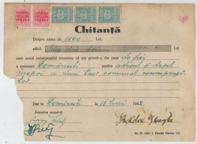 Romania, Chitanta, Domanesti, 1948 foto