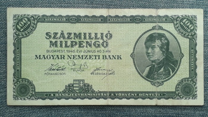 100 000 000 000 000 Pengo 100000000 Milpengő 1946 Ungaria / Szazmillio milpengo