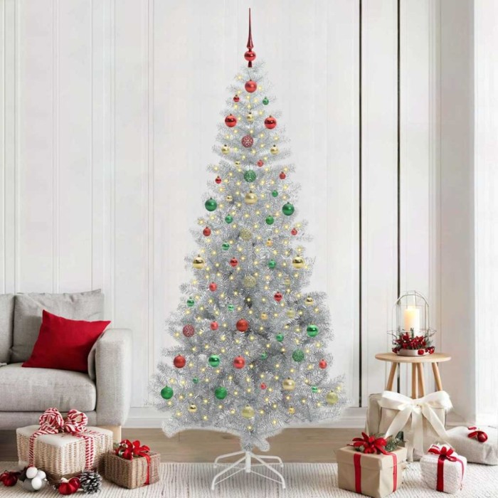 vidaXL Brad de Crăciun cu 300 LED cu suport Argintiu 240 cm PET 3396700