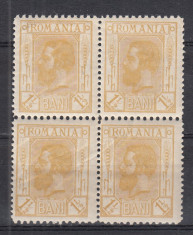 ROMANIA 1911 LP 68 CAROL I SPIC DE GRAU BLOC DE 4 TIMBRE MNH foto