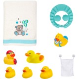 Set complet baie copii cu ratuste de jucarie burete prosop mare din bumbac si protectie pentru Baie organizator jucarii, Oem