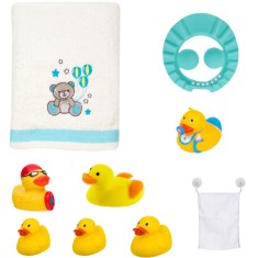 Set complet baie copii cu ratuste de jucarie burete prosop mare din bumbac si protectie pentru Baie organizator jucarii
