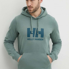 Helly Hansen hanorac de bumbac HH LOGO HOODIE bărbați, culoarea verde, cu glugă, cu imprimeu 33977