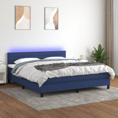 vidaXL Pat cu arcuri, saltea și LED, albastru, 160x200 cm, textil