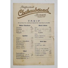 RESTAURANT CHATEAUBRIAND , BUCURESTI, SOS. KISELEFF , LISTA PRETURILOR CONSUMATIUNILOR SERVITE LA BUFET , PERIOADA INTERBELICA