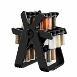 Set 18 recipiente pentru condimente, cu suport rotativ, din ABS, negru/alb