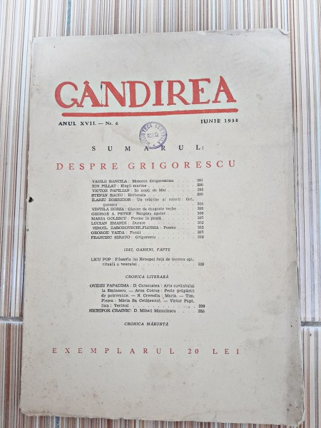 Revista Gandirea, anul XVII, nr.6/1938