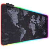 Mousepad Mare Cauciucat, Pentru Gaming, Birou, Office, cu Iluminare LED RGB, Antiderapant, Cusaturi Anti-Rupere, Waterproof, model Harta Lumii, Cablu