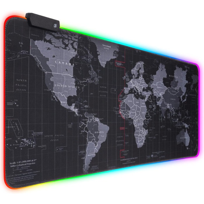 Mousepad Mare Cauciucat, Pentru Gaming, Birou, Office, cu Iluminare LED RGB, Antiderapant, Cusaturi Anti-Rupere, Waterproof, model Harta Lumii, Cablu