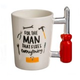 Cana Ceramica cu Maner Surubelnita "For the man that fixes everything", 8.5 x 11 cm, Alba, 360ml