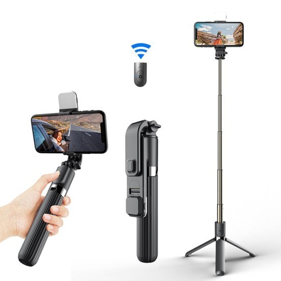 Selfie Stick Stabil Bluetooth, 84cm - Techsuit Remote and Tripod Mount LED (L03S) - Black
