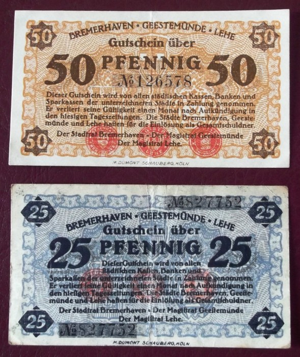 Germania lot 2 notgeld 25 + 50 pfennig 1920 Bremerhaven **