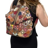Rucsac Spatios pentru Femei din Piele Naturala cu Model Floral, Made in Italy, Flori Aplicate, 34x35x15 cm