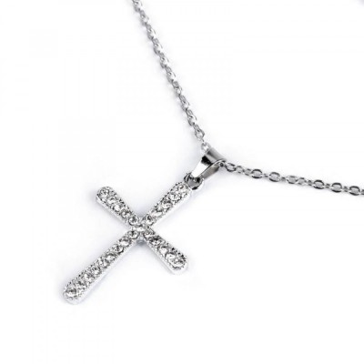 Colier din otel inoxidabil cu pandantiv cruce alba cu strasuri foto