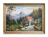 Cumpara ieftin Tablou peisaj idilic montan cu moara de apa pictat manual inramat, 80x60cm ulei pe panza, Stefan Bilibou
