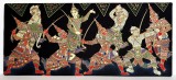 Lupta dintre bine si rau - Tablou textil Thailanda din epopeea hindusa Ramayana, serigrafie in 6 culori pe matase 55 x 24 cm