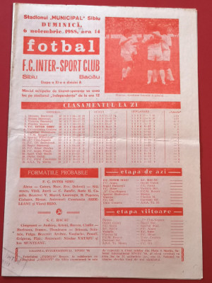 Program meci fotbal FC INTER SIBIU - SC BACAU (06.11.1988) foto