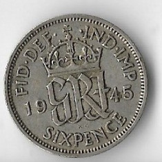 Moneda 6 pence 1945 - Marea Britanie, 2,8276 g argint 0,5000