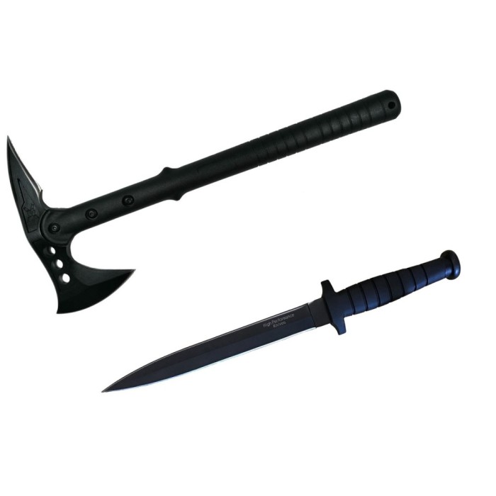 Set de supravietuire DEPOX&reg;, Double Trouble, topor si cutit cu tais dublu, otel inoxidabil, negru