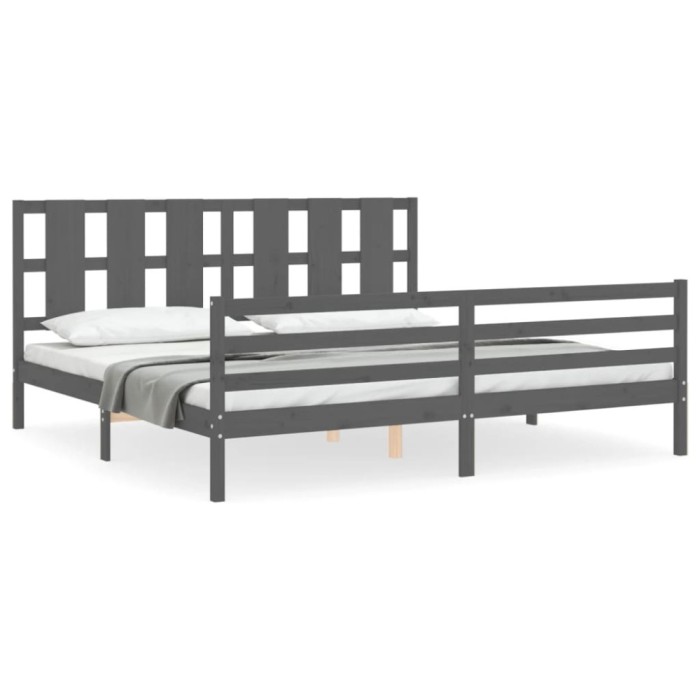 Cadru pat cu tablie 200x200 cm, gri, lemn masiv