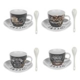 Set 4 Cesti Cafea din Portelan, 180ml, cu Farfurii si Lingurite, CMCLASS