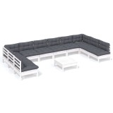 Set mobilier de gradina cu perne, 11 piese, alb lemn masiv pin