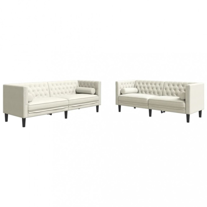 Set canapele Chesterfield cu perne rulou 2 piese, crem, catifea