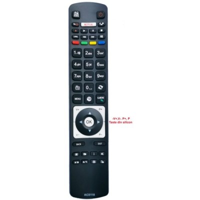 RC5118 Telecomanda pentru LCD NEI,AKAI, DIGIHOME, FINLUX, HITACHI, TELEFUNKEN cu NETFLIX varianta mica cu tastele V+, V-, P+, P- din silicon foto