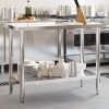 Masa lucru bucatarie inox 110x55x85cm, raft depozitare, picioare reglabile, argintiu, blat lemn, HORECA