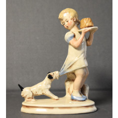 Statueta din portelan Germania - Fetita cu tort si catel fox terrier - anii 1930