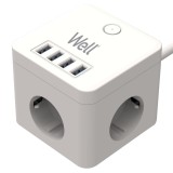 Prelungitor Well 3 prize cu 4 USB și protecție