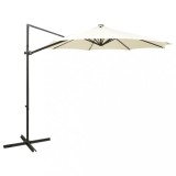Umbrelă &icirc;n consolă cu st&acirc;lp și LED-uri, nisipiu, 300 cm