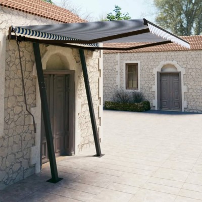vidaXL Copertină retractabilă manual cu st&amp;acirc;lpi, albastru&amp;amp;alb 3,5x2,5 m foto